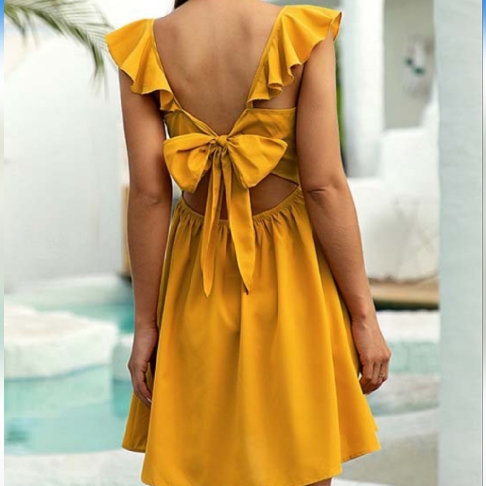 Mustard yellow ruffle backless tie dress
